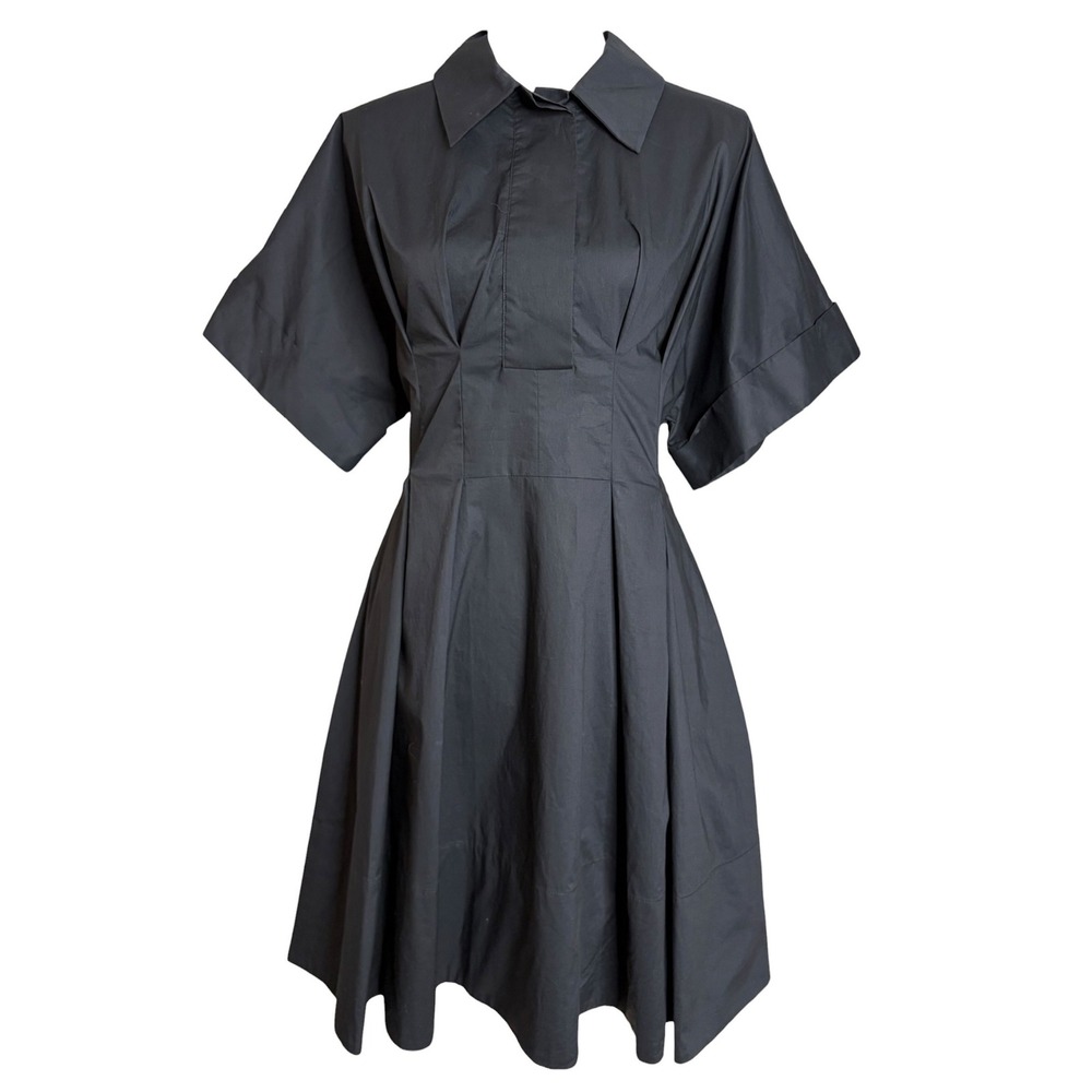Rebecca Taylor Black Cotton Poplin Shirt Dress 8 Pleated A-Line Minimalist Goth